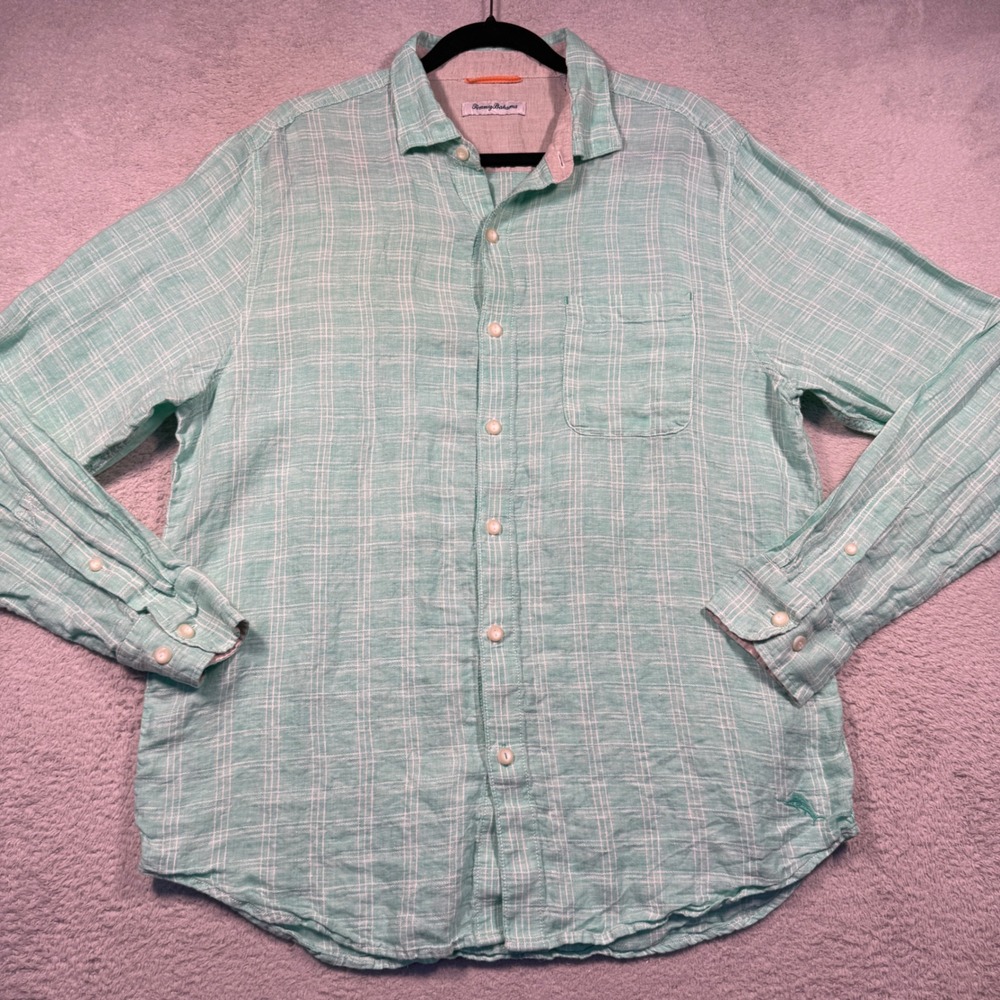 Tommy Bahama Button Down Shirt Mens L Aqua 100%Linen Plaid Long Sleeve Casual